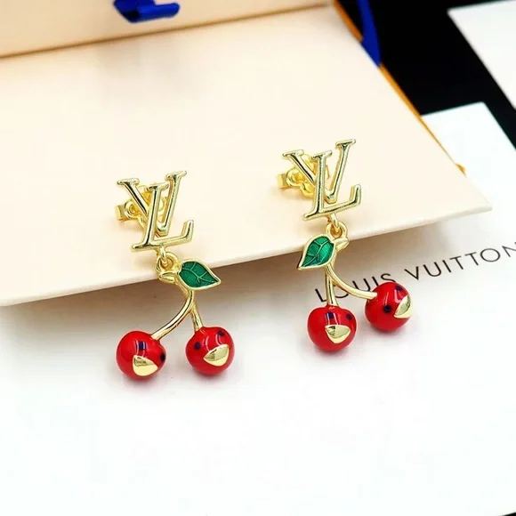 Louis Vuitton Gold Earrings with Red Cherries - Picture 1 of 9